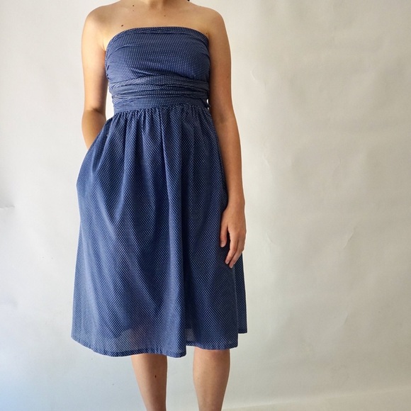 Strapless cotton handmade blue white polkadot dress - Picture 2 of 10